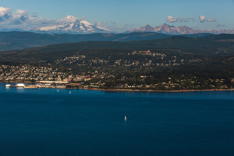 An aerial view of Western's campus, Mt baker and Bellingham bay