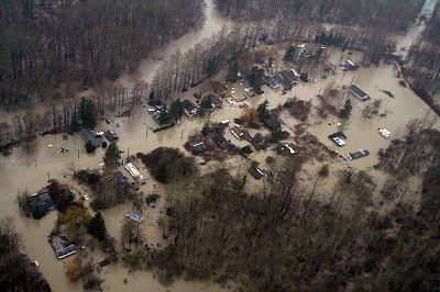 Drone photo of flood damage to homes, businesses and roads